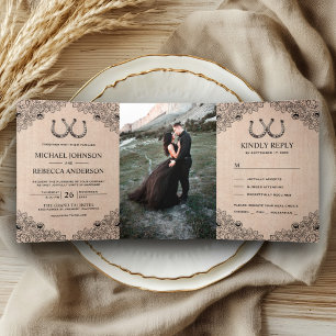 Rustikales Burlap Horseshoes Lace Wedding Foto Dreifach Gefaltete Einladung
