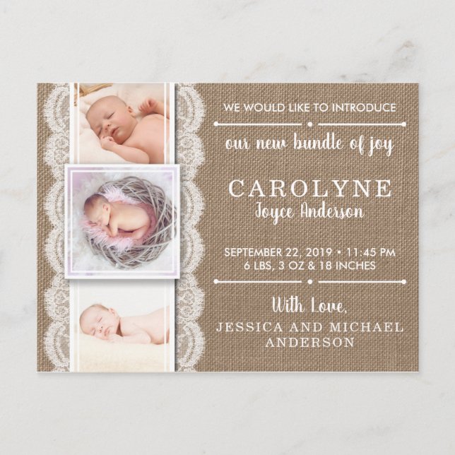 Rustikales Burlap & Lace | 3 Foto Geburtsankündigu Ankündigungspostkarte (Vorderseite)