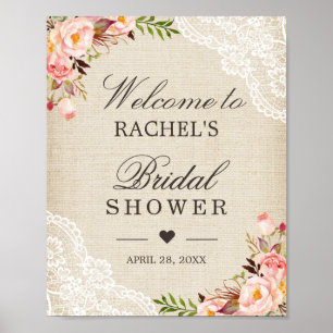 Rustikales Burlap Lace Floral Brautparty Zeichen Poster