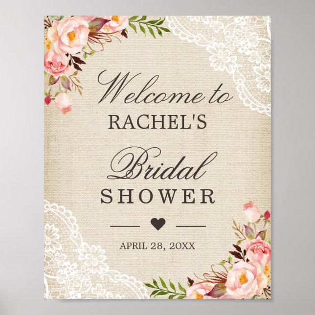 Rustikales Burlap Lace Floral Brautparty Zeichen Poster (Vorne)