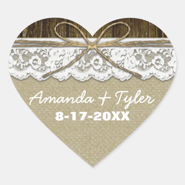 Rustikales Burlap Lace Gastgeschenk Hochzeit Stick Herz-Aufkleber (Vorderseite)