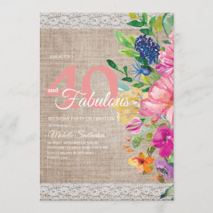 Rustikales Burlap Lace Pink Blue Floral 40. Geburt Einladung