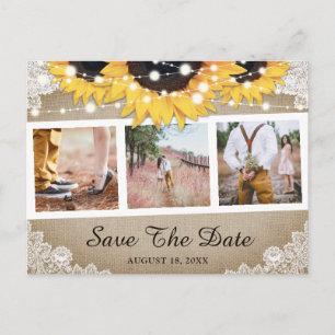 Rustikales Burlap Lace Sunflower Foto Save the Dat Ankündigungspostkarte