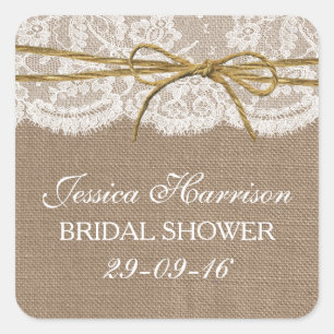 Rustikales Burlap, Lace & Twine Bow Brautparty Quadratischer Aufkleber