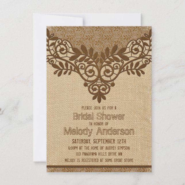 Rustikales Burlap Lace Vintages Brautparty Einladung (Vorderseite)