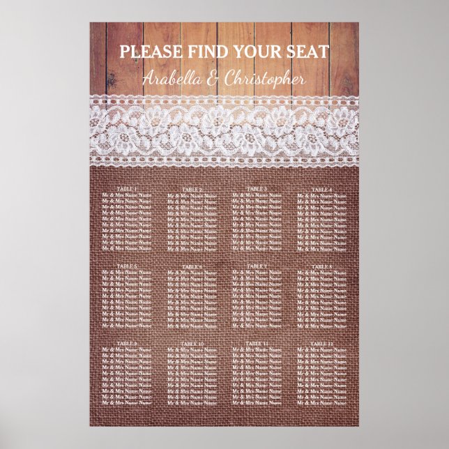 Rustikales Burlap Lace & Wood | 12 Tabelle Seating Poster (Vorne)