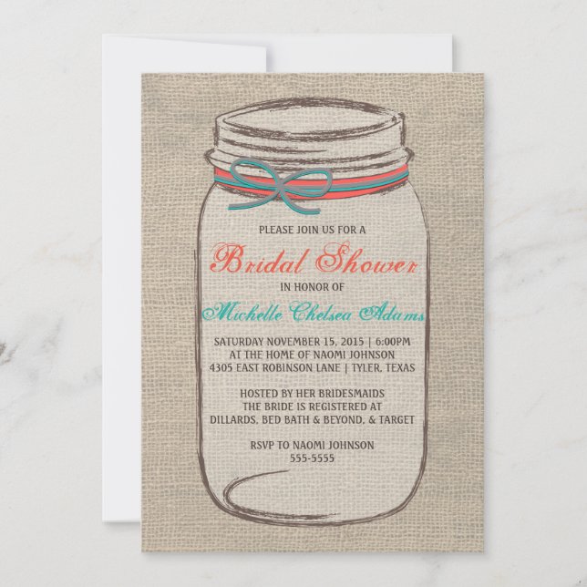 Rustikales Burlap Mason Jar Bridal Dusche Einladun Einladung (Vorderseite)