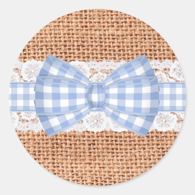 Rustikales Burlap mit Blue Gingham Wedding Runder Aufkleber (Vorderseite)