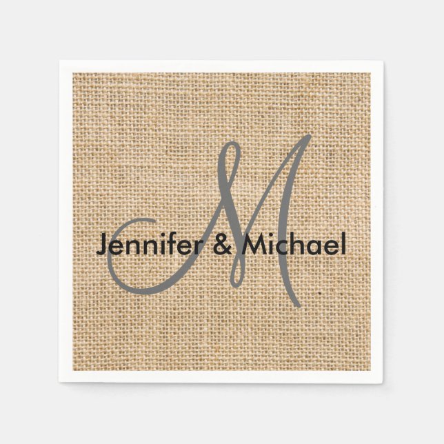 Rustikales Burlap Monogram Wedding Bride Groom Nam Serviette (Vorderseite)