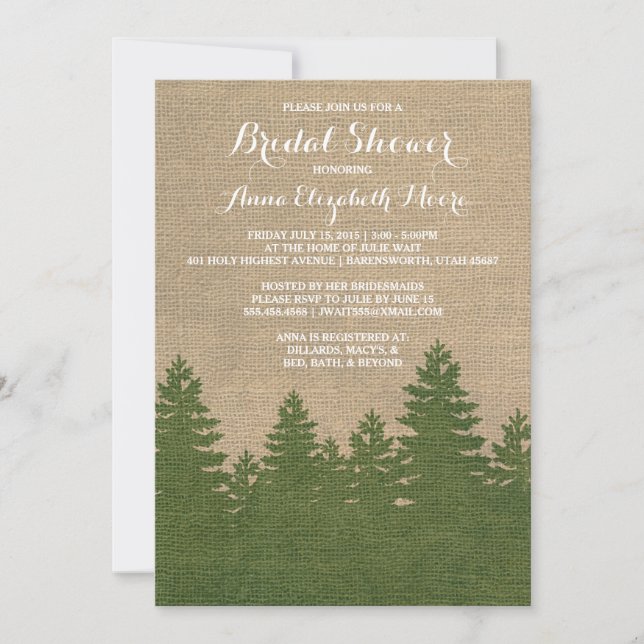Rustikales Burlap Pine Trees Winter Brautparty Einladung (Vorderseite)