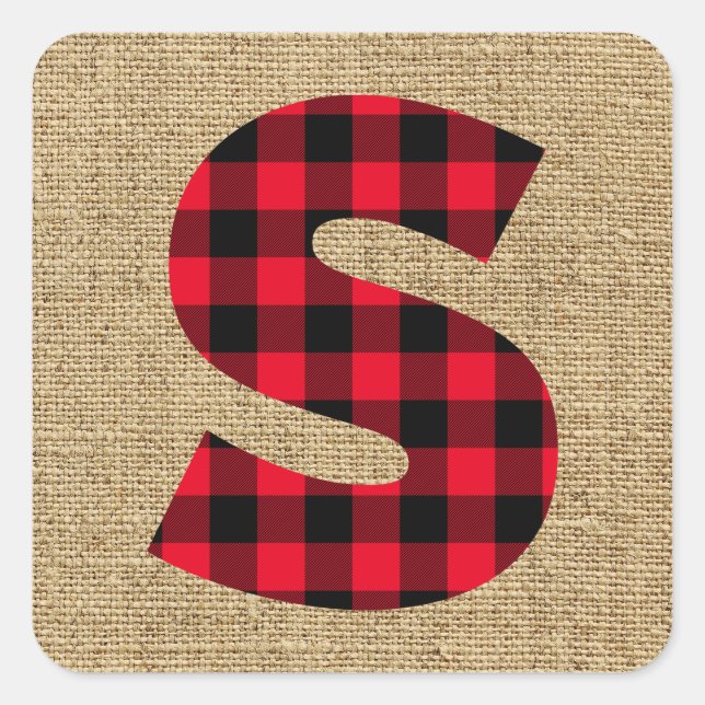 Rustikales Burlap Red und Black Buffalo Kariert Mo Quadratischer Aufkleber (Vorderseite)