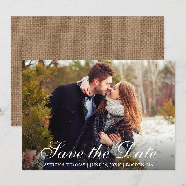 Rustikales Burlap Save the Date Couple Foto Einladung (Vorne/Hinten)