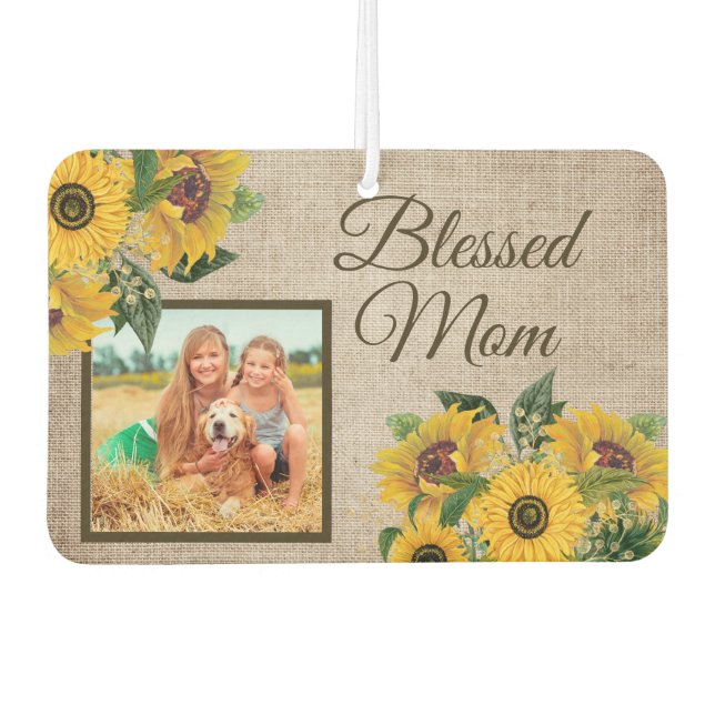 Rustikales Burlap Sonnenblumen Selige Mama Foto Autolufterfrischer (Vorderseite)