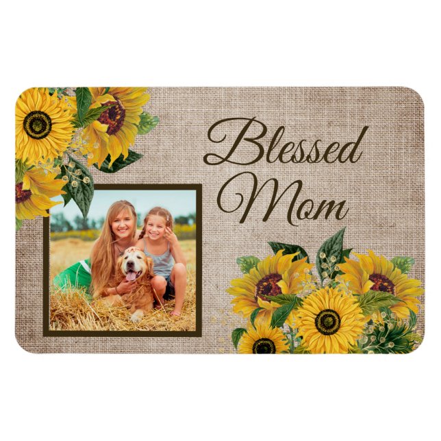 Rustikales Burlap Sonnenblumen Selige Mama Foto Magnet (Horizontal)