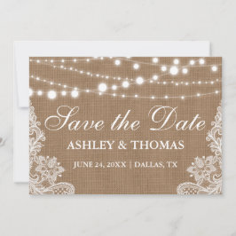 Rustikales Burlap-String-Lights Save the Date