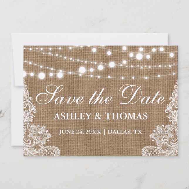 Rustikales Burlap-String-Lights Save the Date (Vorderseite)