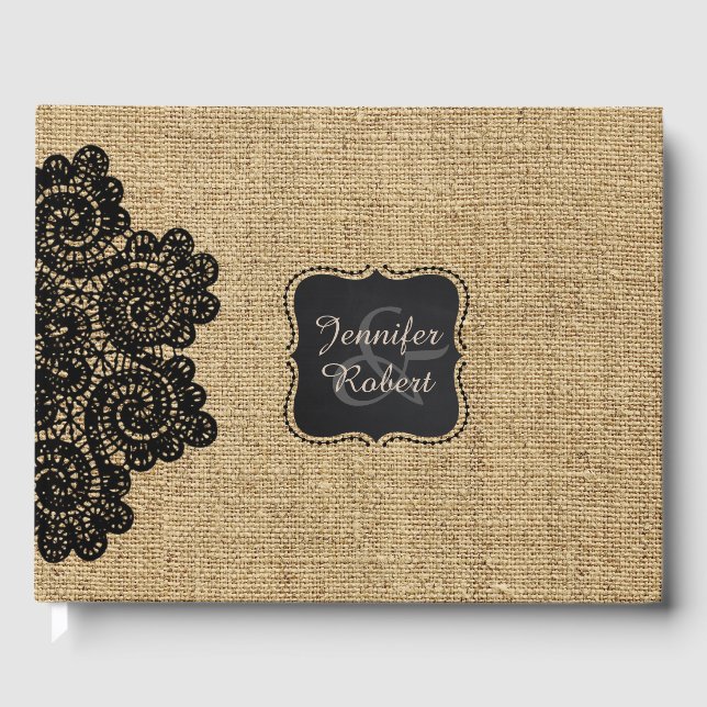 Rustikales Burlap- und Black Lace-Gästebuch Gästebuch (Vorderseite)