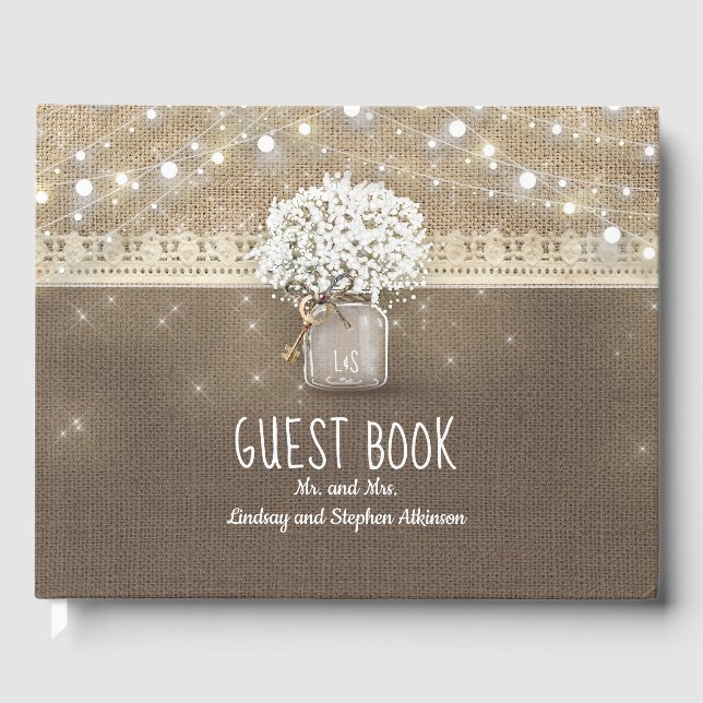 Rustikales Burlap und Gipskraut Mason Jar Wedding Gästebuch (Vorderseite)