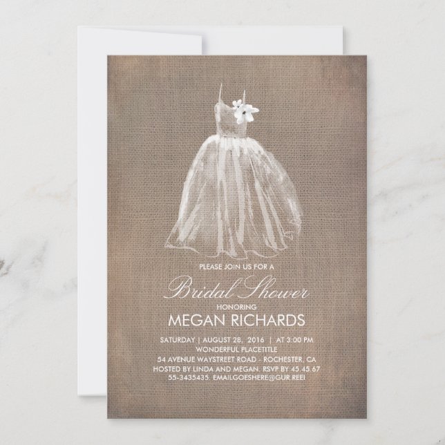 Rustikales Burlap- und Hochzeitsgown-Brautparty Einladung (Vorderseite)