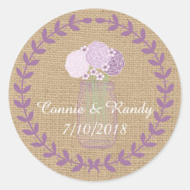 Rustikales Burlap und Lila Mason Jar Blume Hochzei Runder Aufkleber