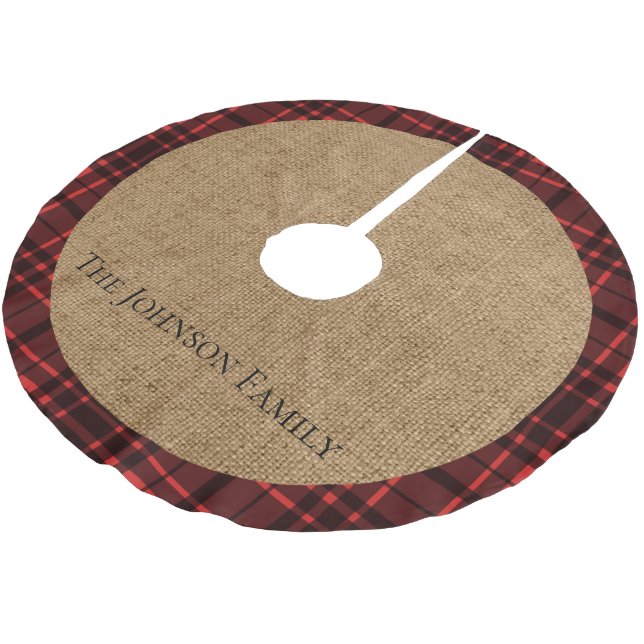 Rustikales Burlap und Red Kariert Polyester Weihnachtsbaumdecke (Schrägansicht)