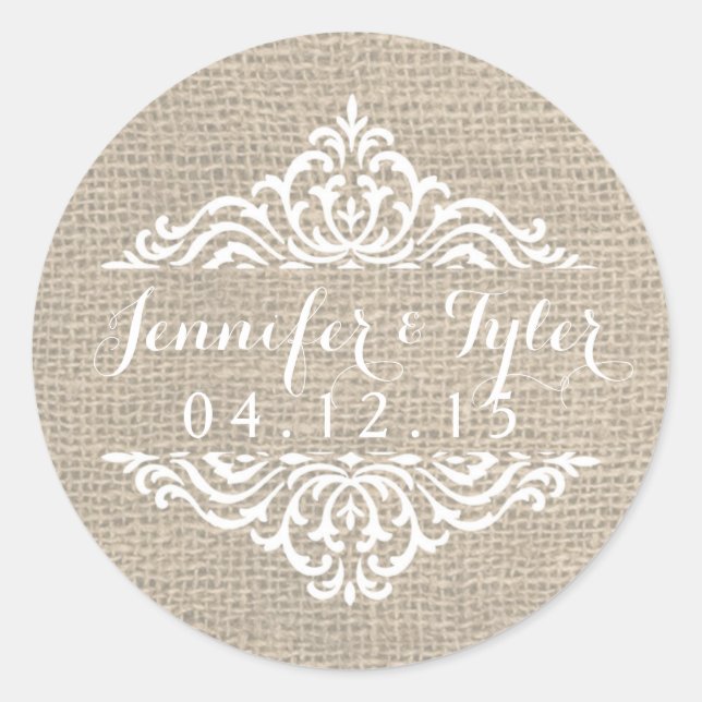 Rustikales Burlap Vintag Damask Hochzeitskleber Runder Aufkleber (Vorderseite)