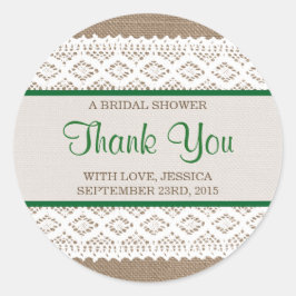 Rustikales Burlap & Vintages White Lace Brautparty Runder Aufkleber