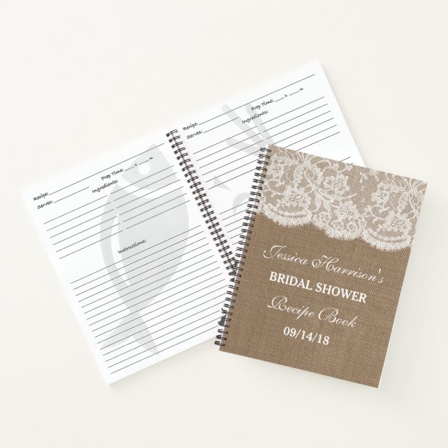 Rustikales Burlap & White Lace Brautparty Rezept Notizbuch (Innenseite)