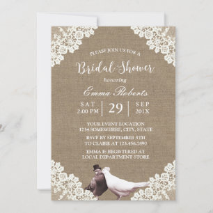 Rustikales Burlap White Lace Lovebirds Brautparty Einladung