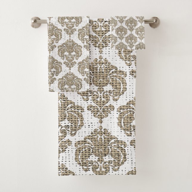 Rustikales Burlap & White Royal Glam Damask Badhandtuch Set (Insitu)