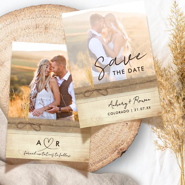 Rustikales Burlap Wood Pampass Grass Boho Foto Save The Date (Von Creator hochgeladen)