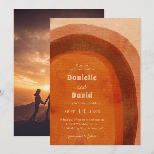 Rustikales Burnt Orange Arch Foto Moderne Hochzeit Einladung (Vorne/Hinten)