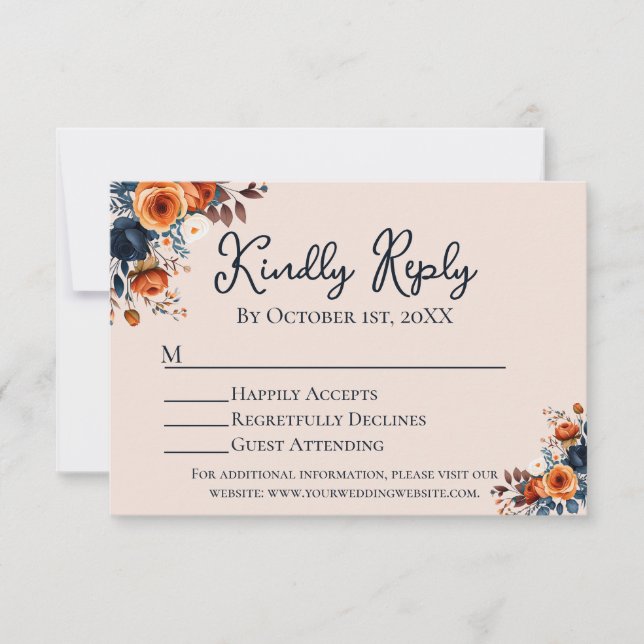 Rustikales Burnt Orange + Blue Wedding RSVP Karte (Vorderseite)