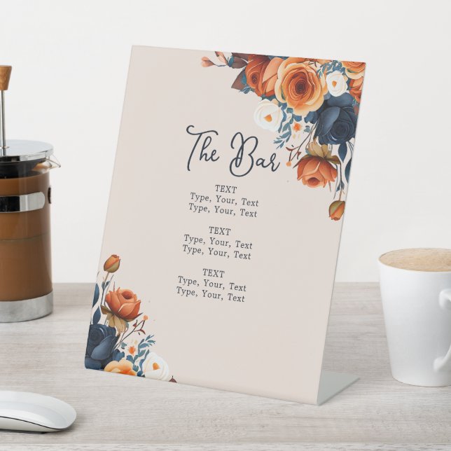 Rustikales Burnt Orange und Blue Wedding Bar Menu Sockelschild (In SItu)