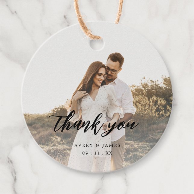 Rustikales Calligrafy Foto Wedding Danke, dass ihr Geschenkanhänger (Vorderseite)
