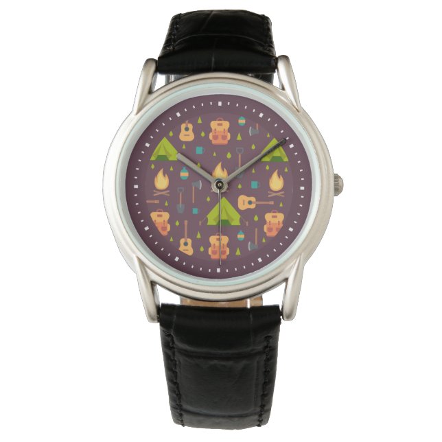 Rustikales Camping Muster Zelte und Gitarren Armbanduhr (Vorderseite)