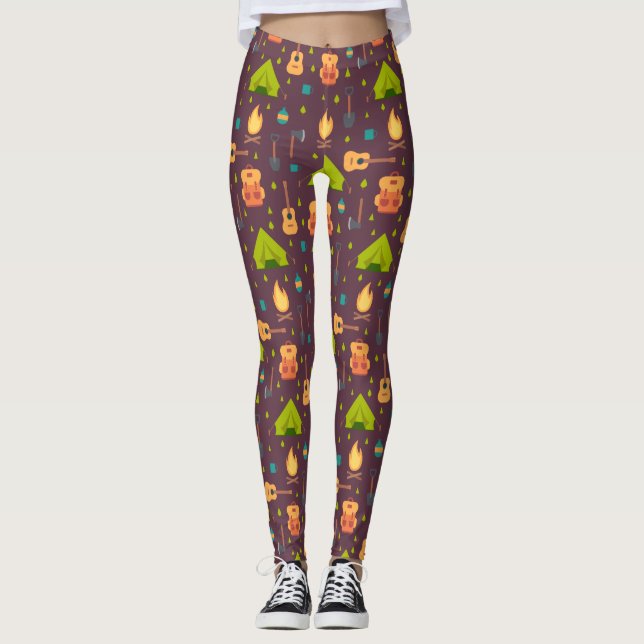 Rustikales Camping Muster Zelte und Gitarren Leggings (Vorderseite)