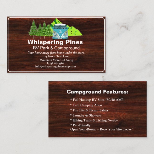 Rustikales Campingplatz RV Park - Kontakt Design Visitenkarte (Vorne/Hinten)