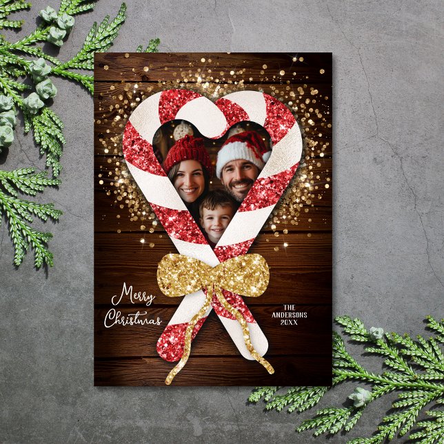 Rustikales Candy Cane Frame Foto Weihnachten Einladung (rustic wood and glitter candy cane)