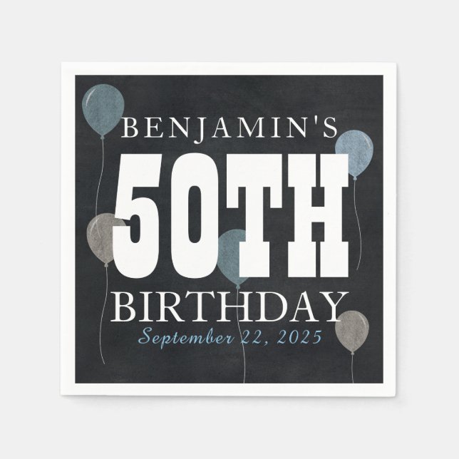 Rustikales Chalkboard Blue Balloon Modern Birthday Serviette (Vorderseite)