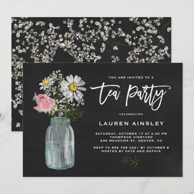 Rustikales Chalkboard Daisy in Mason Jar Tee Party Einladung (Vorne/Hinten)