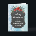 Rustikales Chalkboard Godmutter Frohe Weihnachten Karte<br><div class="desc">Frohe Weihnachten für die Godmutterkarte mit rustikalem Kalkbrettmuster und Winterfolien mit Poinsettias.</div>