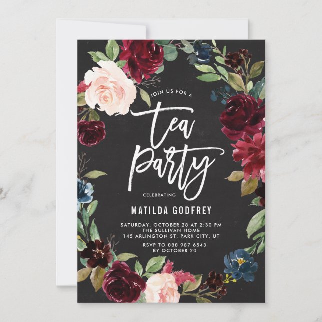 Rustikales Chalkboard Herbst Blumenrahmen Tee Part Einladung (Vorderseite)