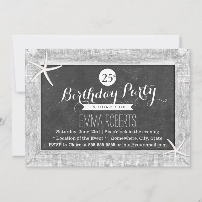 Rustikales Chalkboard Holz Gerahmte Starfish Gebur Einladung (Vorderseite)