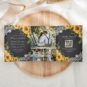 Rustikales Chalkboard Lace Sunflowers QR Code Hoch Dreifach Gefaltete Einladung