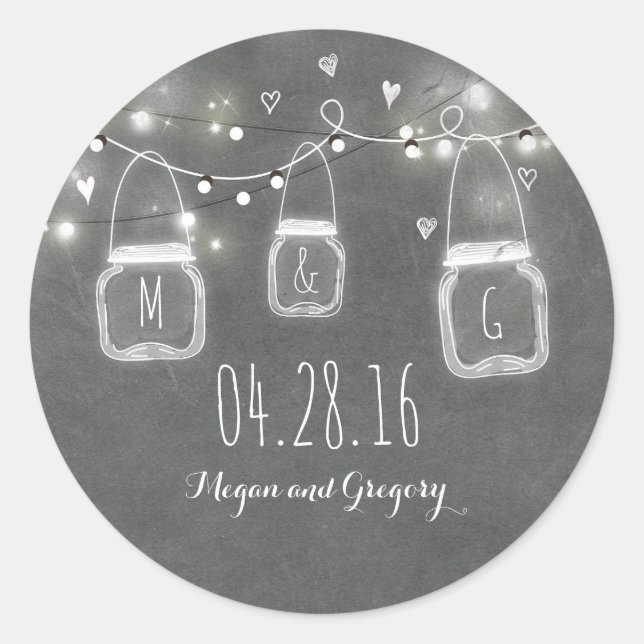 Rustikales Chalkboard Mason Jar Lights Hochzeit Runder Aufkleber (Vorderseite)
