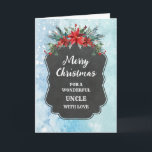 Rustikales Chalkboard Onkel Frohe Weihnachten Karte<br><div class="desc">Frohe Weihnachten für Onkel-Karte mit rustikalem Kalkbrettmuster und Winterfolien mit Poinsettias.</div>