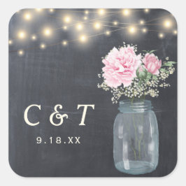 Rustikales Chalkboard Peony Floral Mason Jar | Quadratischer Aufkleber
