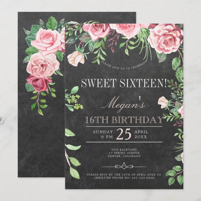 Rustikales Chalkboard Pink Roses Garden 16 . Gebur Einladung (Vorne/Hinten)