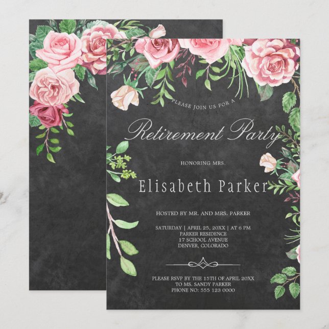 Rustikales Chalkboard Pink Roses Rentirement Party Einladung (Vorne/Hinten)